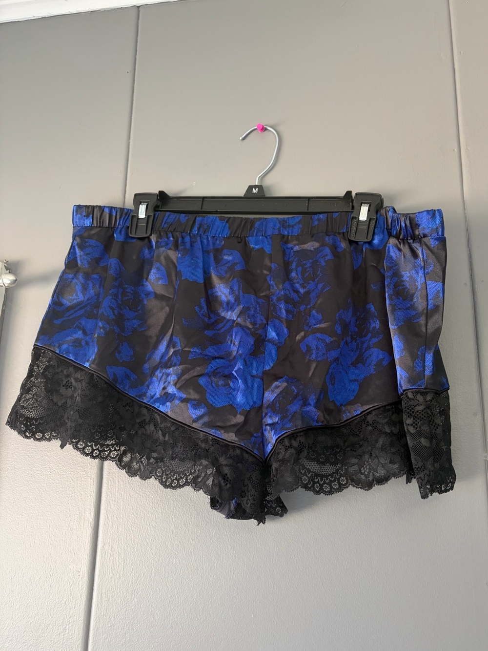 La senza Satin Floral Lace-Trim Sleep Shorts — Blue/Black - Picture 2 of 3